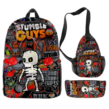 3 шт./компл. 3D Stumble Guys Школьный ранец, сумка через плечо, пенал для детей, учеников начальной средней школы, мальчиков и девочек, рюкзак для ноутбука