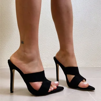 Модные однотонные женские туфли-лодочки, летние босоножки без застежки с острым носком, пикантные женские повседневные тапочки на высоком каблуке, туфли на мелкой шпильке
